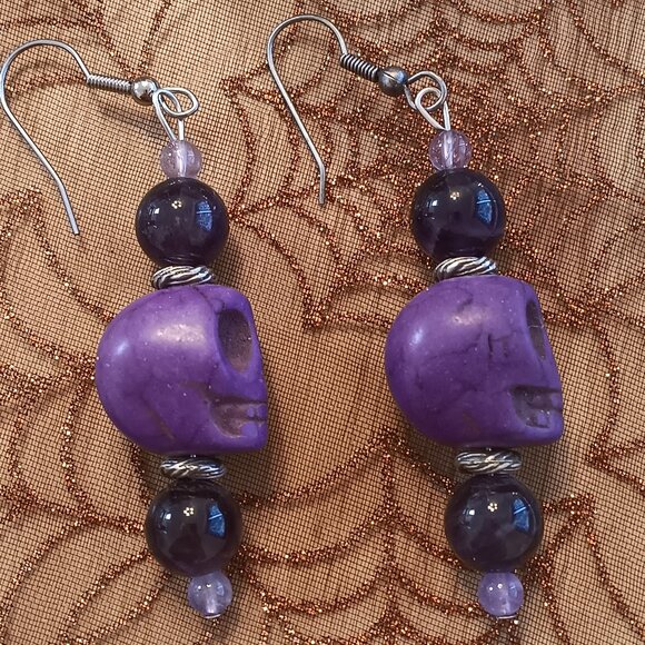 Handmade Skull Amethyst Earrings - Picture 3 of 4